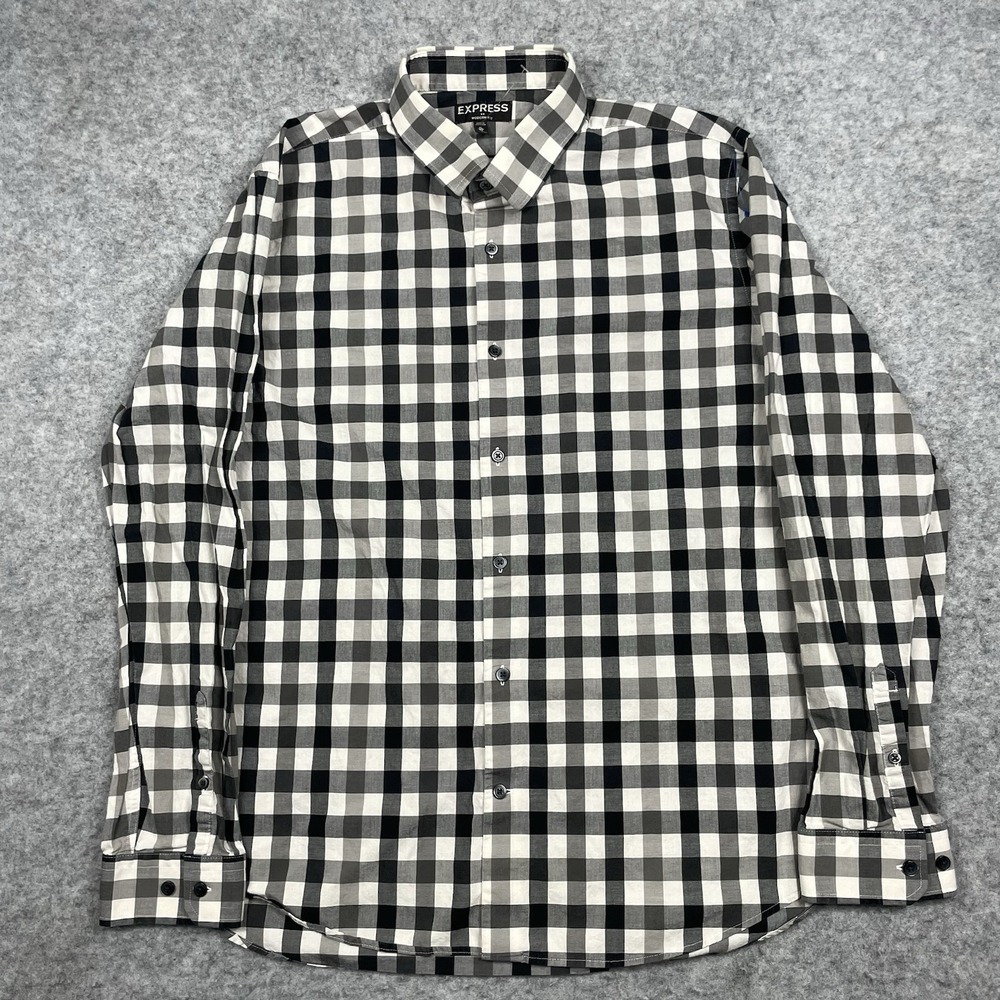 Express Modern Fit Shirt Mens XL Gray White Checkered Button Up‎ Casual